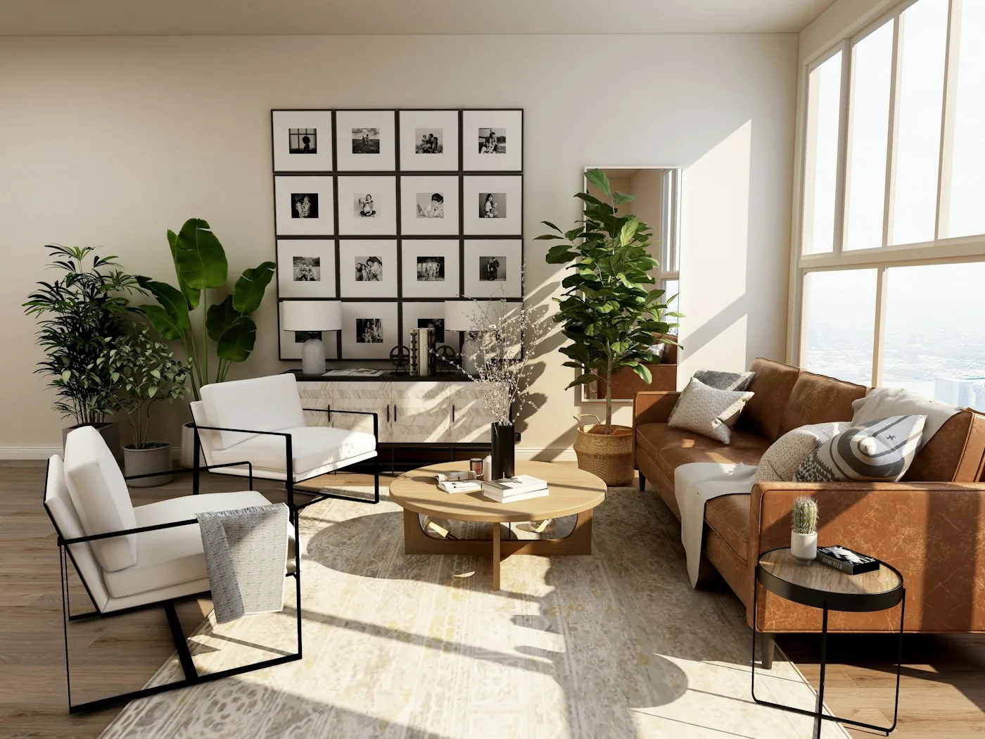 Sunlit living room with plants and mixed seating
