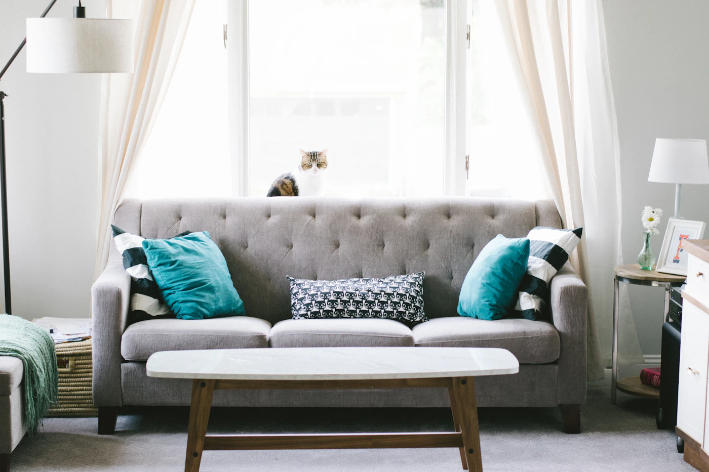 A grey sofa with blue-green cushions beside a bright window and small tables.
