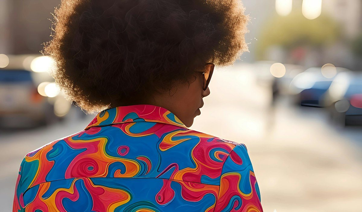 The back of a brightly patterned collared shirt on a city street.